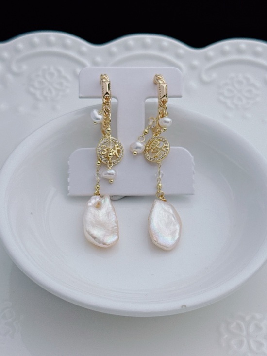 Pearl Jewelry - 26E299 Handmade Freshwater Baroque Pearl Dangling Earrings Flower Petal Pearl